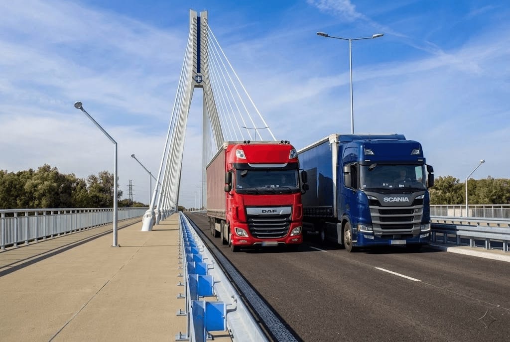 Ciągniki DAF i Scania na moście w Rzeszowie — Fiber TSL
