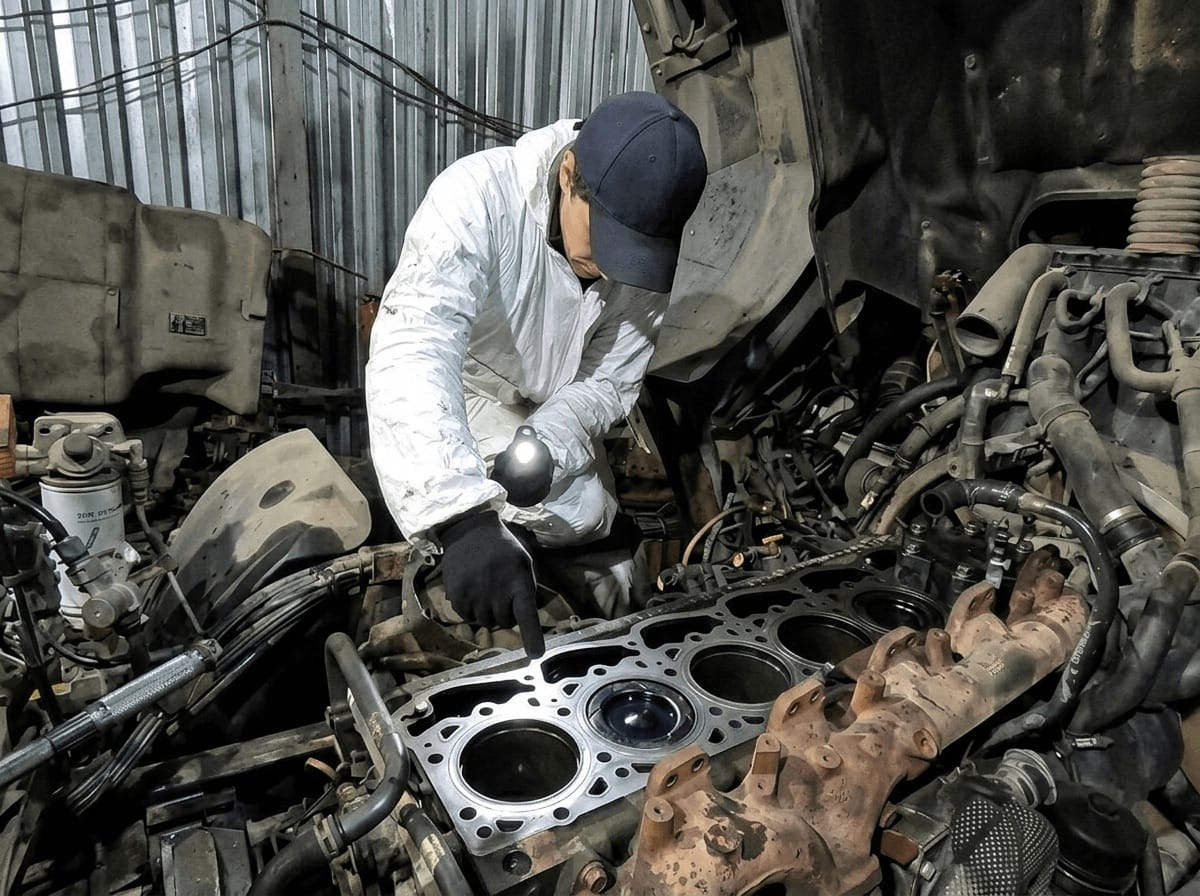 Mechanik Fiber TSL przy odsłoniętym silniku ciężarówki w warsztacie w Rzeszowie